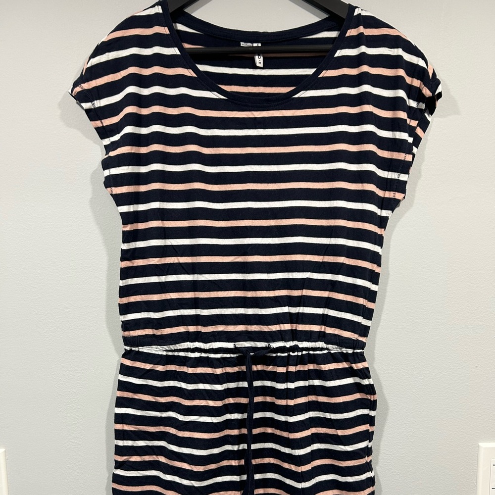Only Life Striped T-Shirt Dress Drawstring Waist Casual Comfy Black Pink S